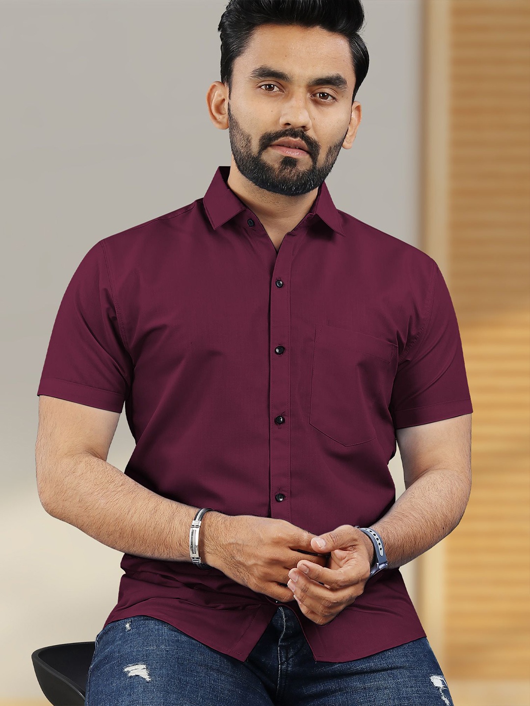 

VeBNoR Men Standard Fit Spread Collar Casual Shirt, Maroon