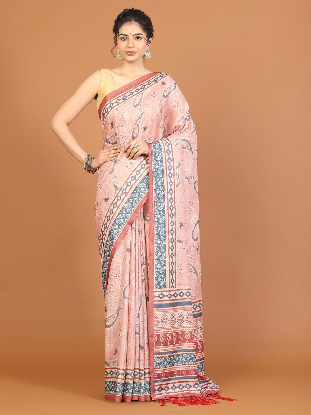 

Meena Bazaar Ethnic Motifs Art Silk Tussar Saree, Peach
