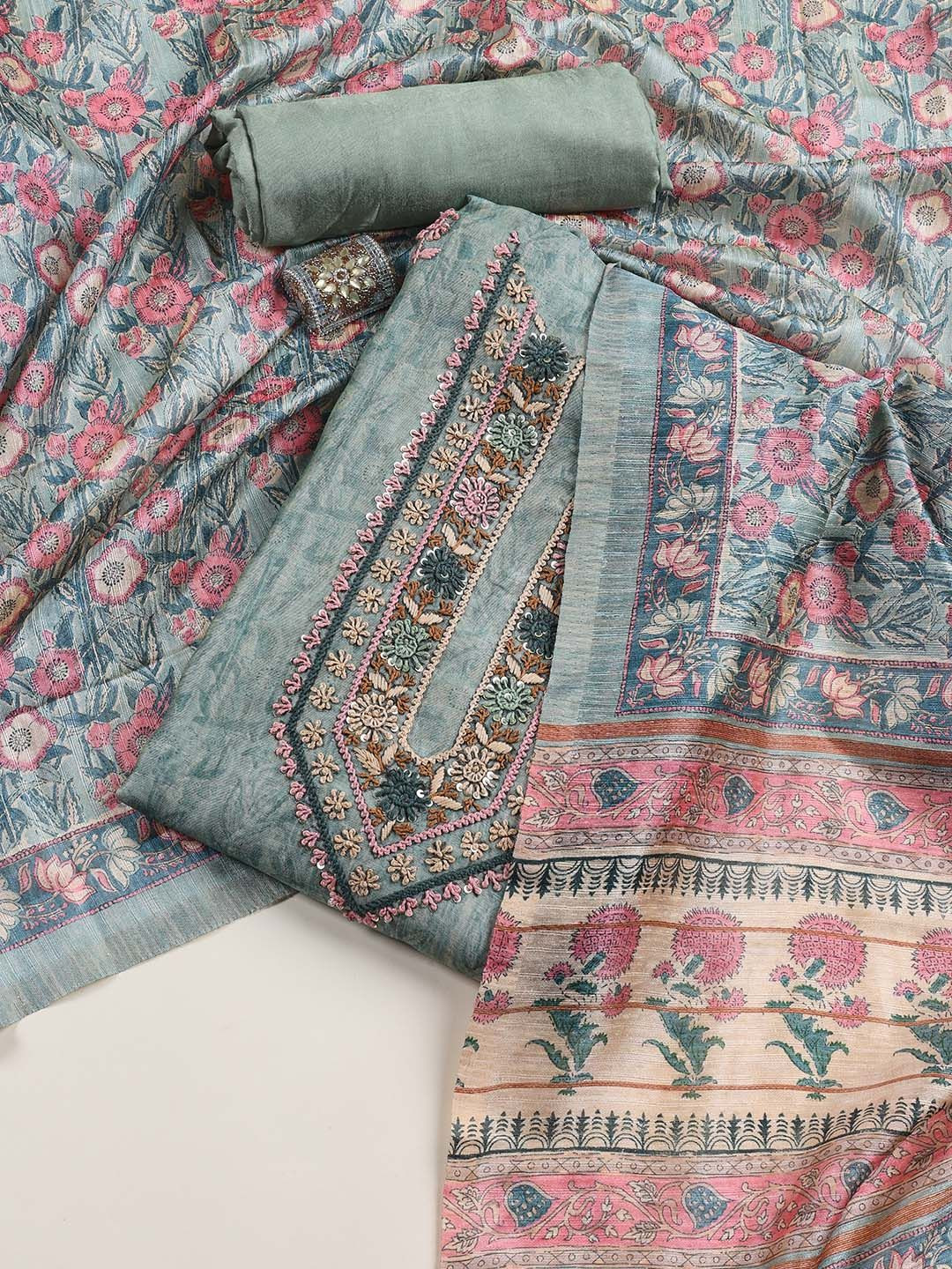 

Meena Bazaar Printed Art Silk Unstitched Dress Material, Sea green