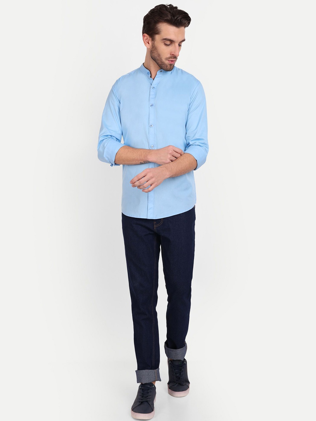 

Mast & Harbour Men India Slim Fit Band Collar Solid Cotton Casual Shirt, Blue