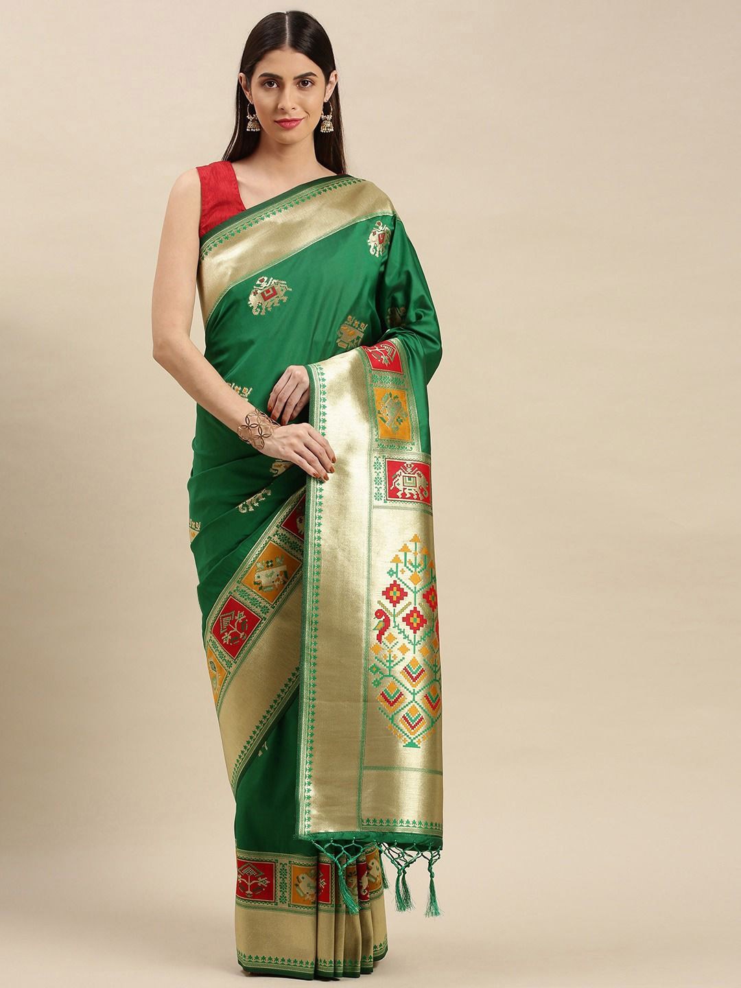 

flaher Woven Design Banarasi Saree, Green