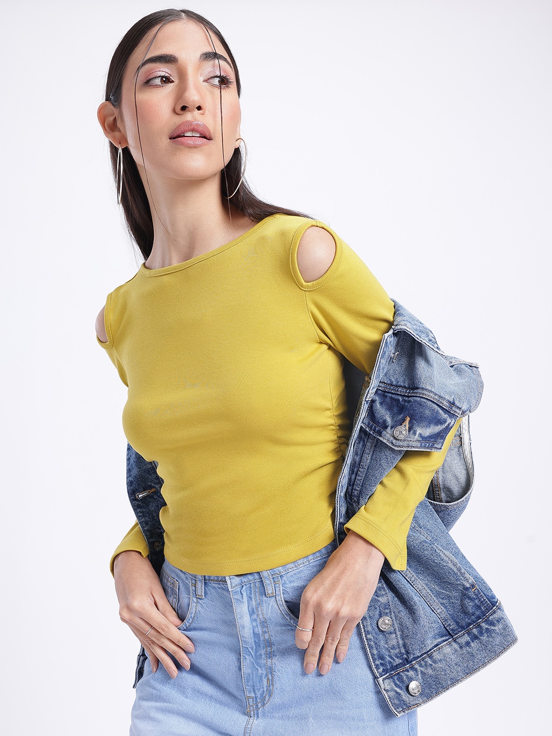 

glitchez Fancy Cut-Outs Ruched Detail Crop Fitted Top, Mustard