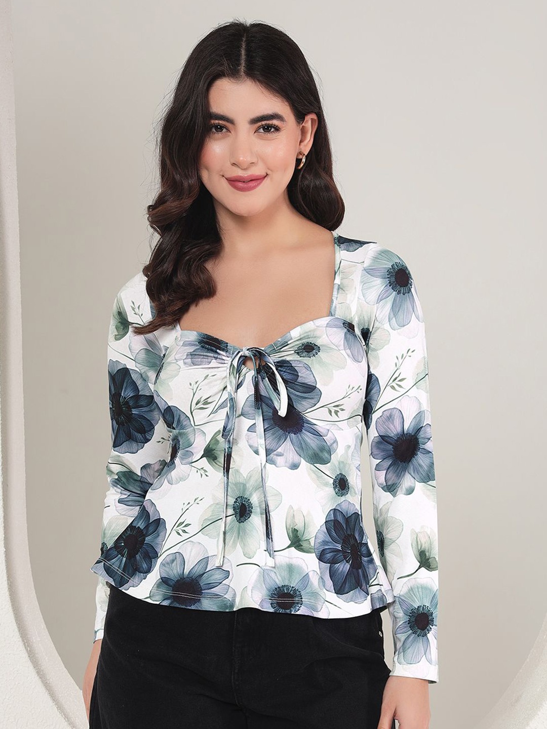 

BAESD Women Floral Printed Tie-Up Neck Puff Sleeve Top, White