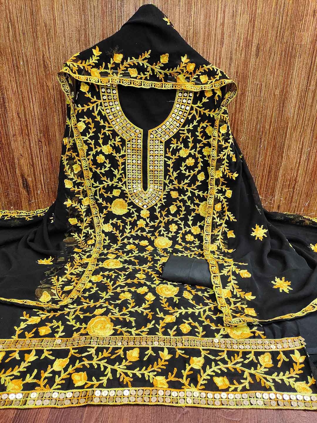 

KALINI Floral Embroidered Sequinned Silk Georgette Unstitched Dress Material, Yellow