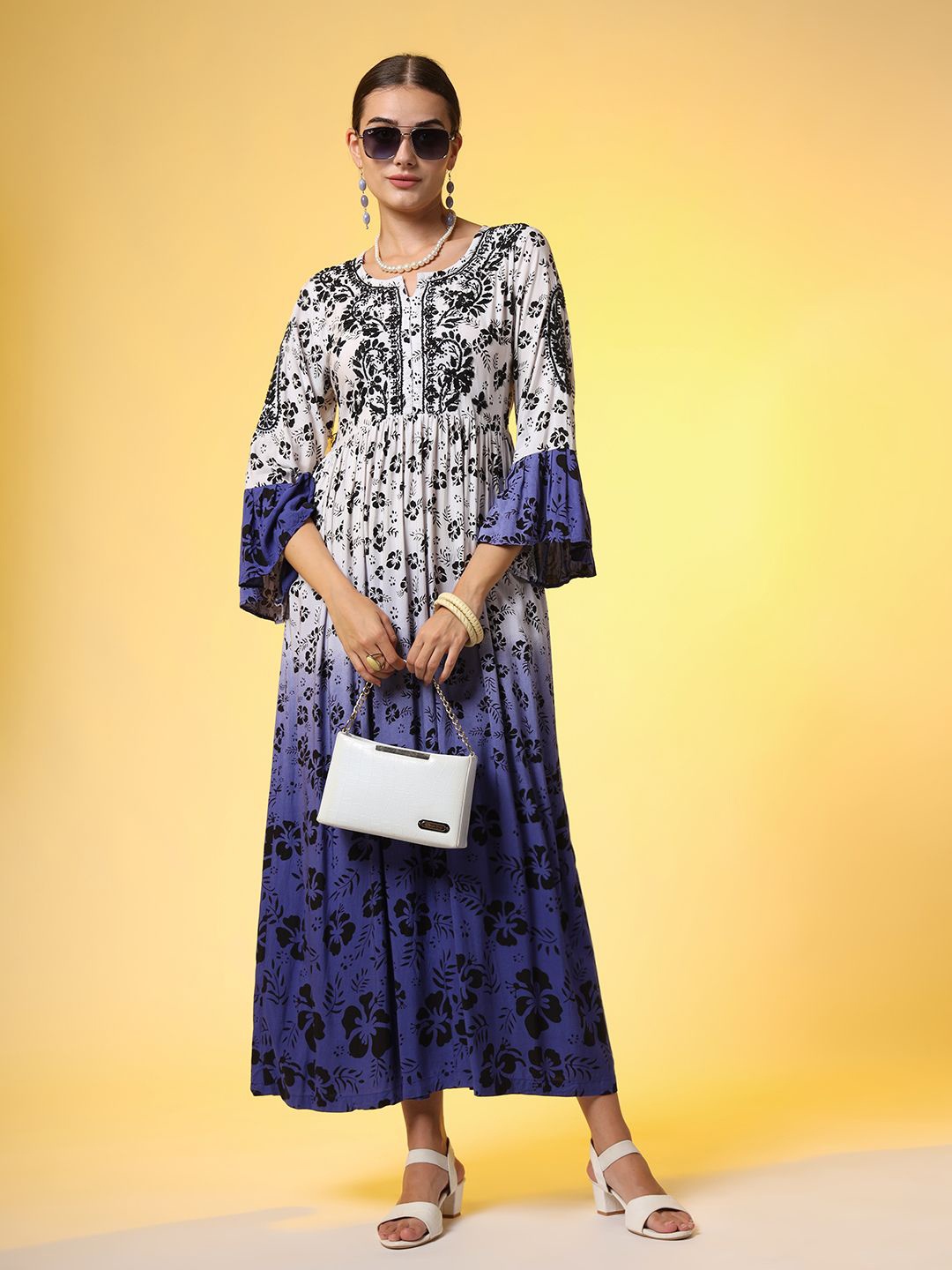 

SUFIZA LIFESTYLE Women Floral Printed Bell Sleeves Maxi Dress, White