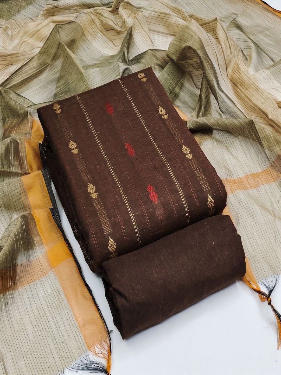 

A TO Z CART Floral Woven Design Unstitched Dress Material, Coffee brown