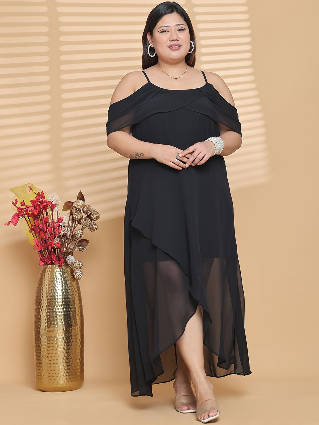 

theRebelinme Plus Size Layered Georgette A-Line Maxi Dress, Black