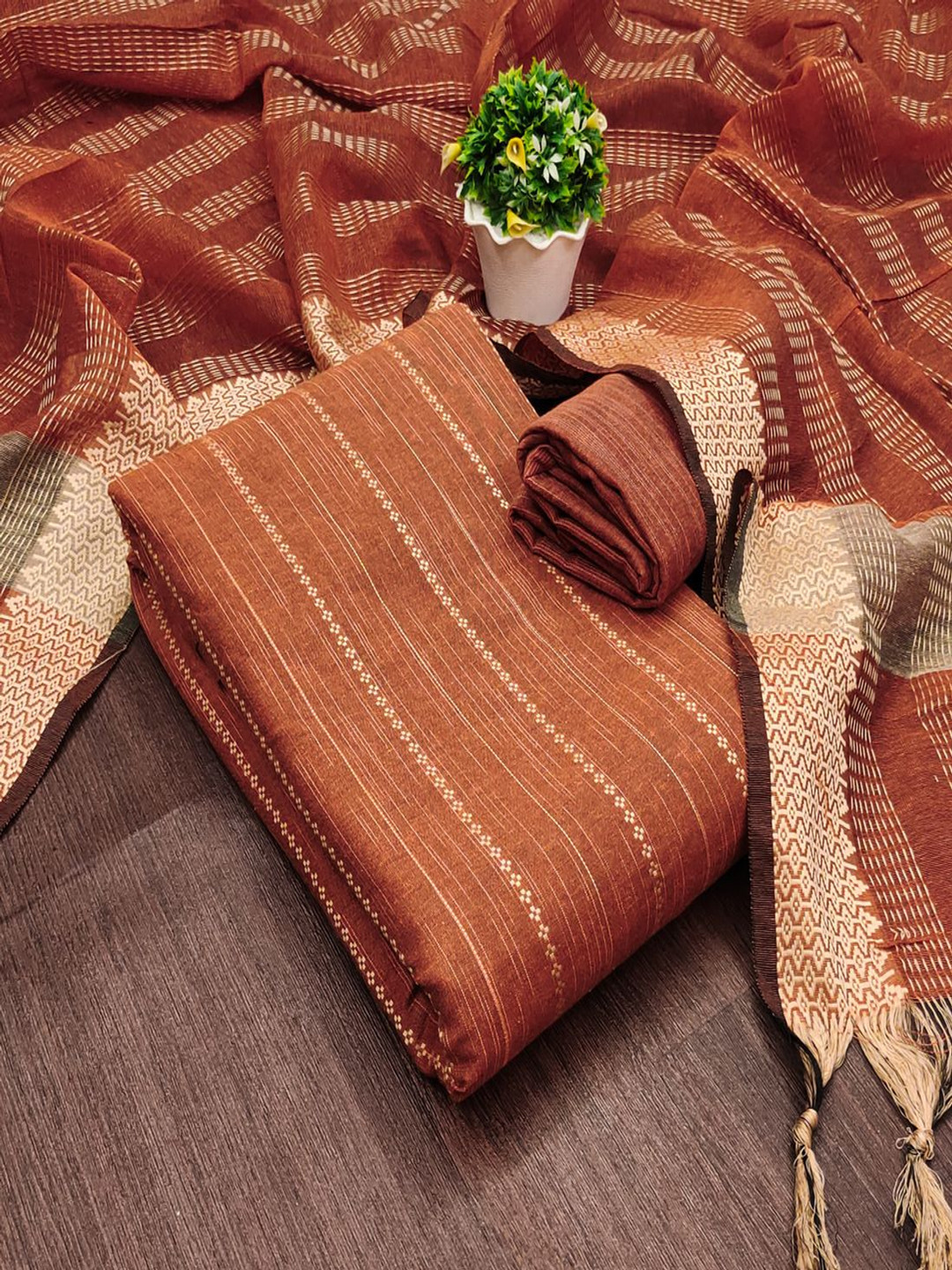 

A TO Z CART Striped Woven Design Unstitched Dress Material, Orange