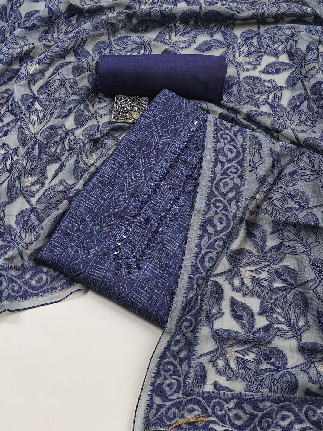 

Meena Bazaar Printed Art Silk Unstitched Dress Material, Navy blue