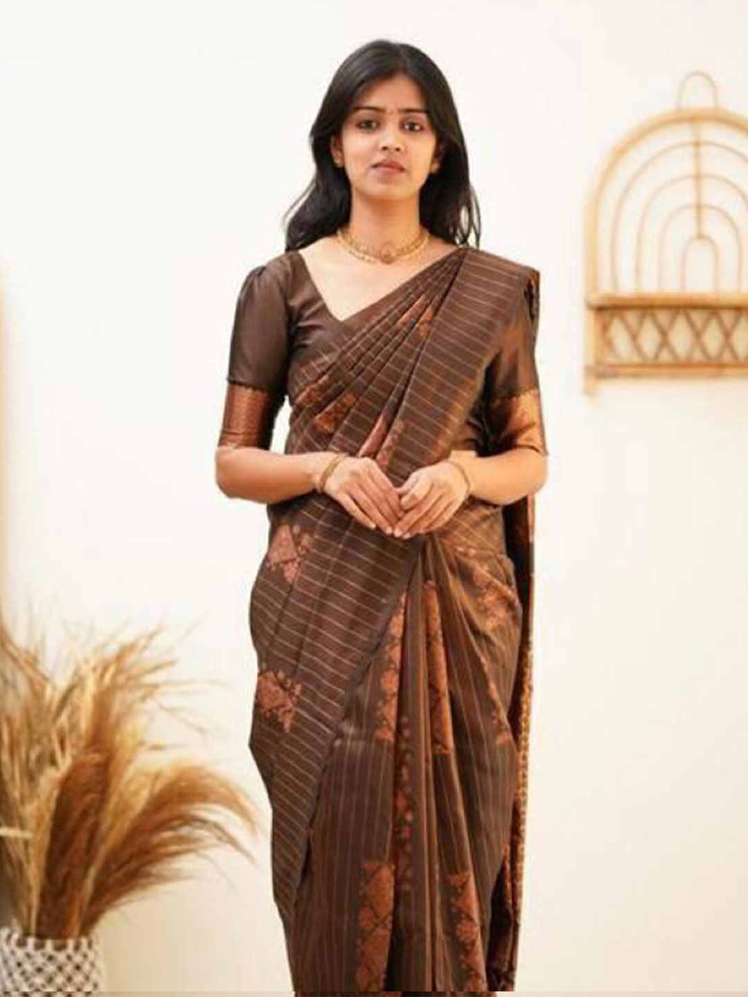 

Upalksh Ethnic Motifs Woven Design Jamdani Saree, Brown