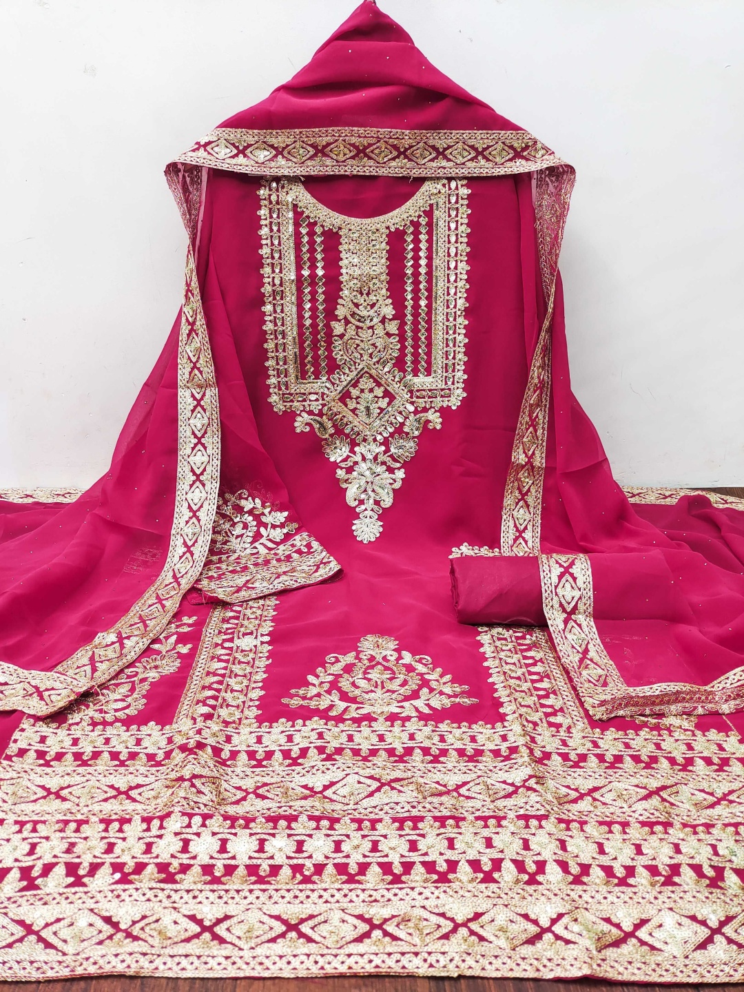 

KALINI Ethnic Motifs Embroidered Sequinned Silk Georgette Unstitched Dress Material, Pink