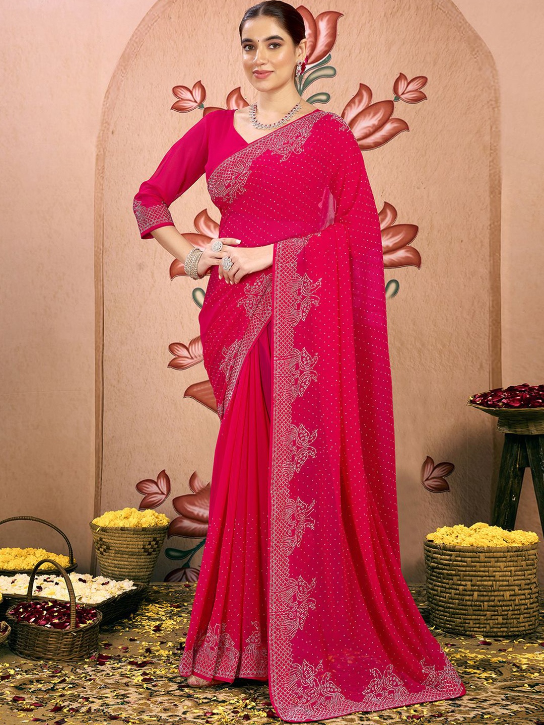 

Mitera Embellished Beads and Stones Pure Georgette Saree, Pink