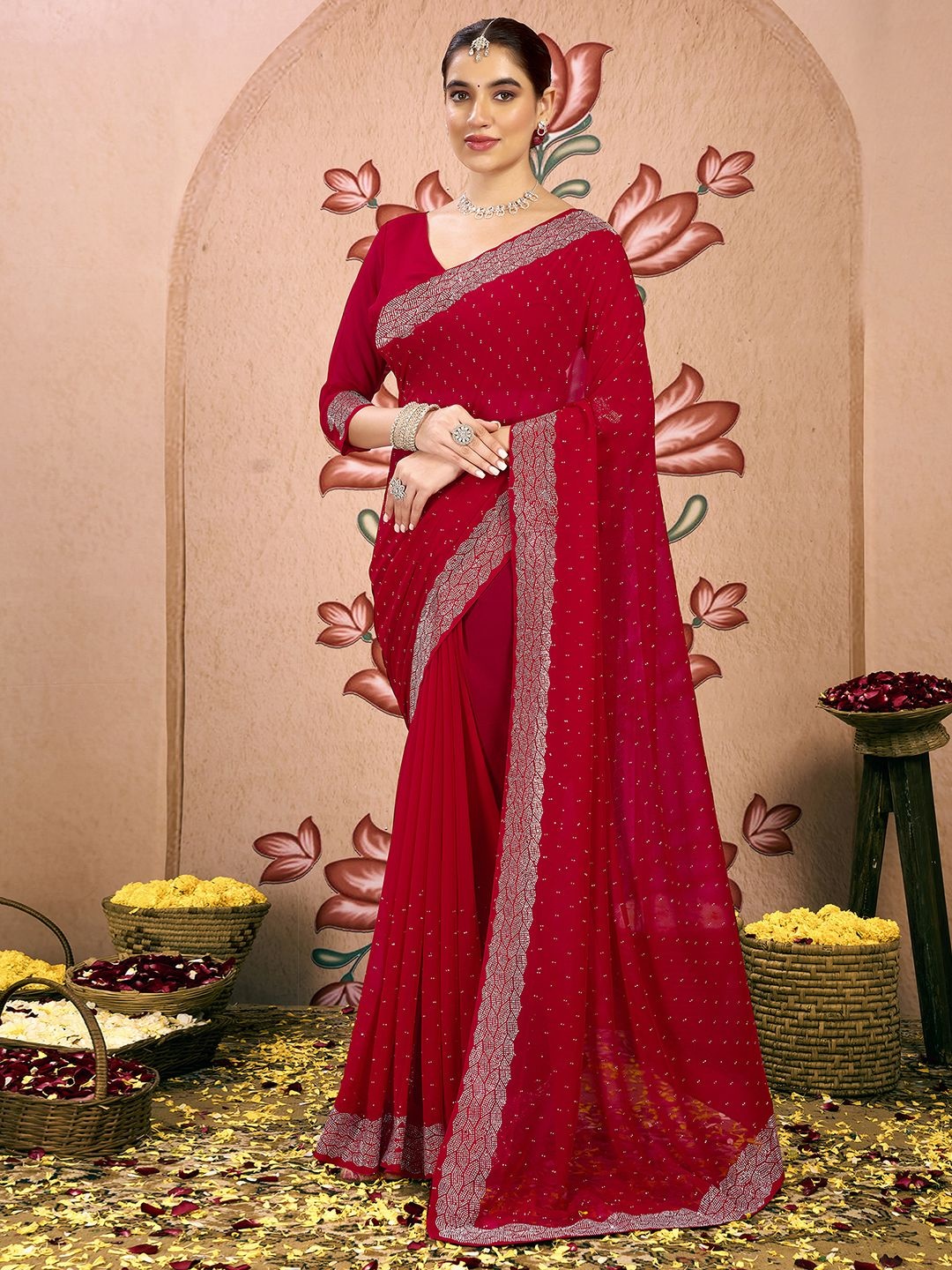 

Mitera Beads and Stones Pure Georgette Saree, Red