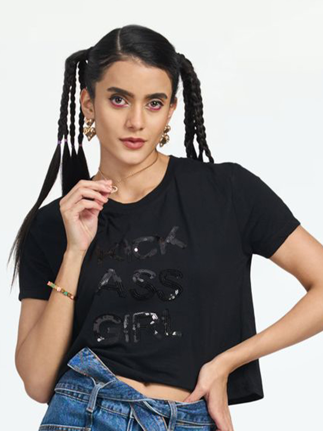 

LOVEGEN Women Typography Embellished Boxy T-shirt, Black