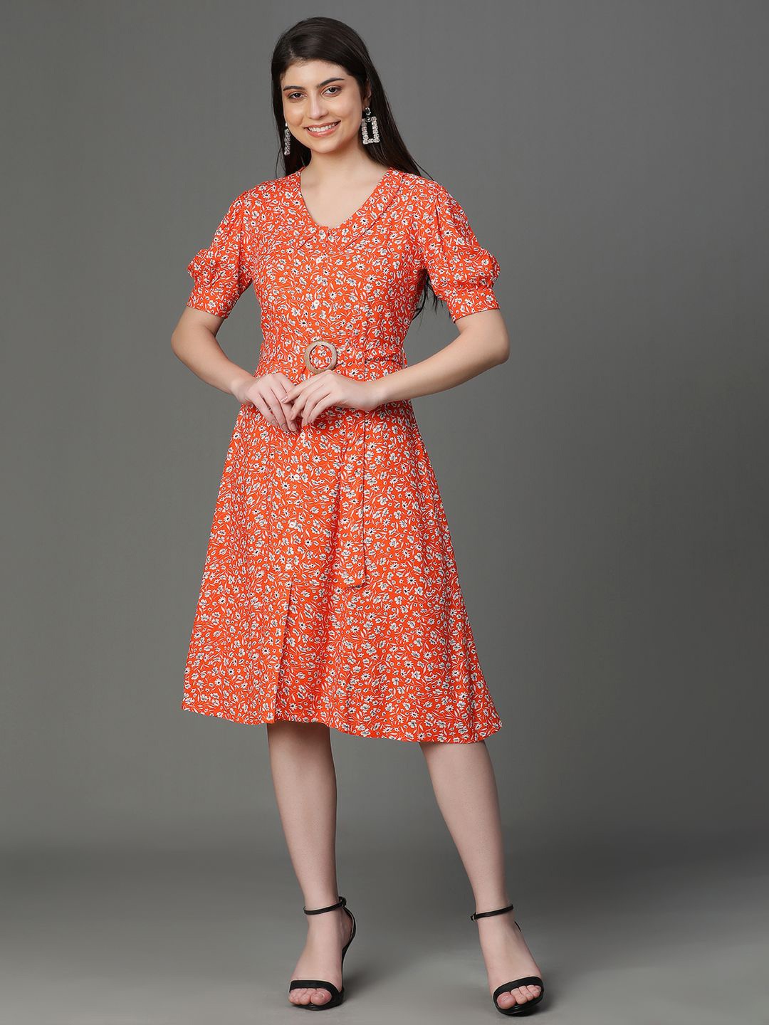 

VEGAL Women Floral Printed Puff Sleeve Peter Pan Collar Fit & Flare Dress, Orange