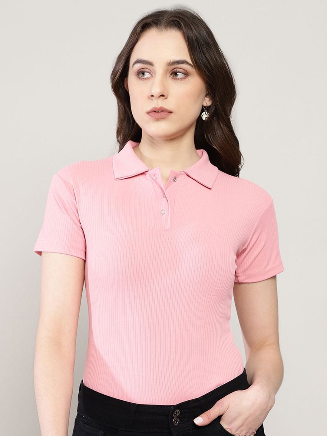 

AVANOVA Women Shirt Collar Ribbed Fitted Top, Peach