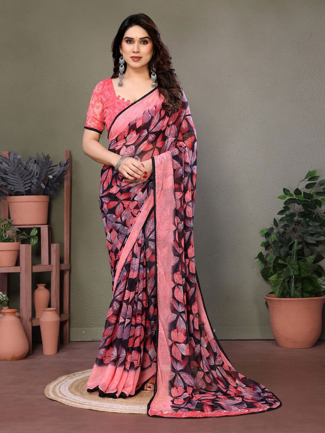 

yourwish Floral Printed Embroidered Pure Georgette Saree, Red