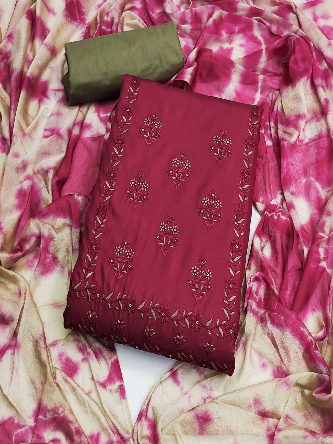 

A TO Z CART Floral Embroidered Sequinned Unstitched Dress Material, Magenta