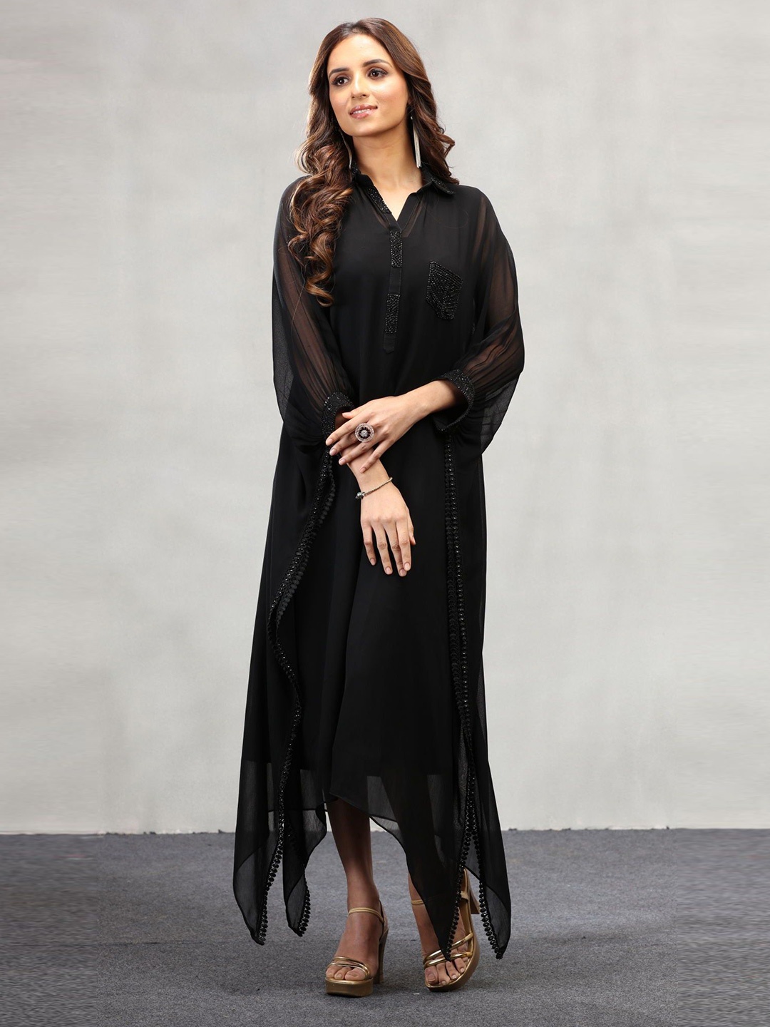 

FREYAA Ethereal Elegance Shirt Collar Embellished Kaftan Dress, Black
