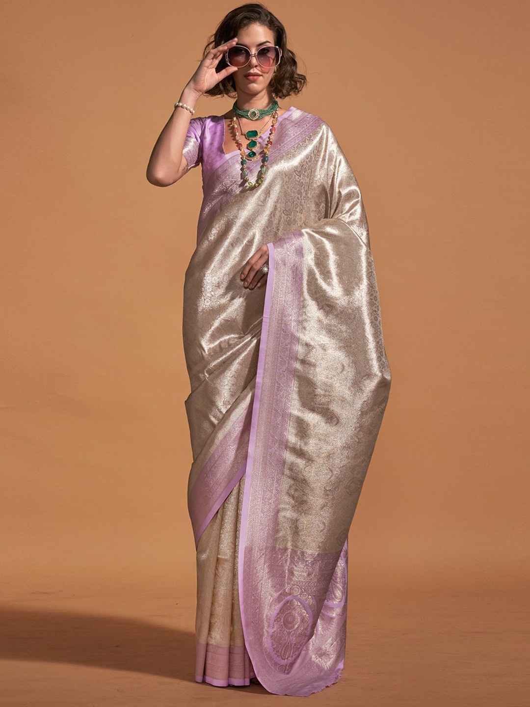 

PEENGAX Woven Design Zari Silk Blend Designer Saree, Grey