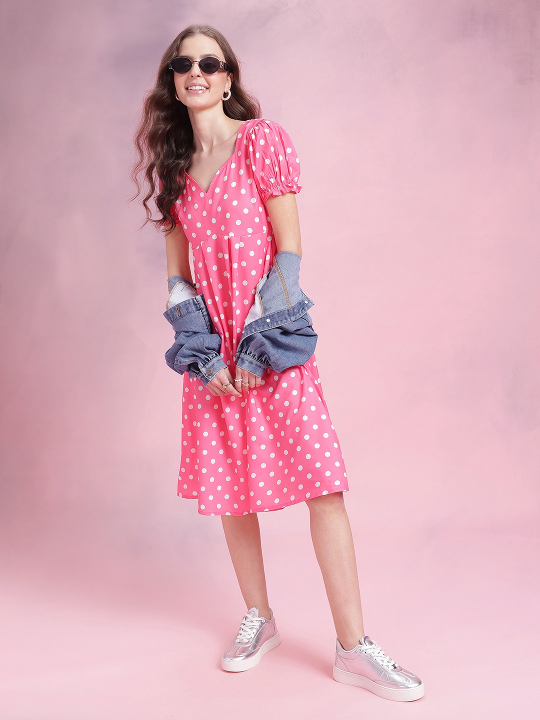 

DressBerry Polka Dots Empire Dress, Pink