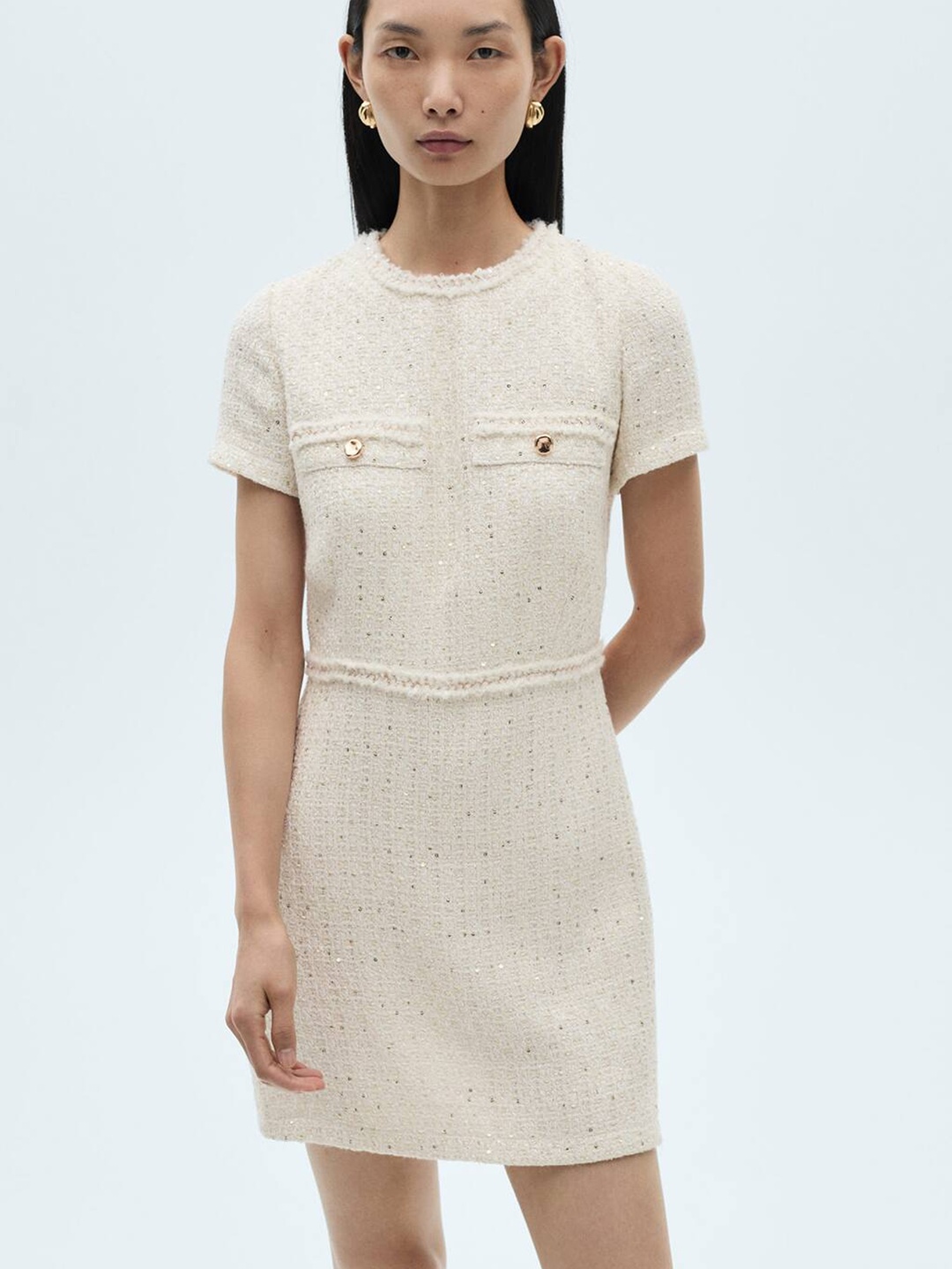 

MANGO Sequined Tweed Sheath Mini Dress, Off white