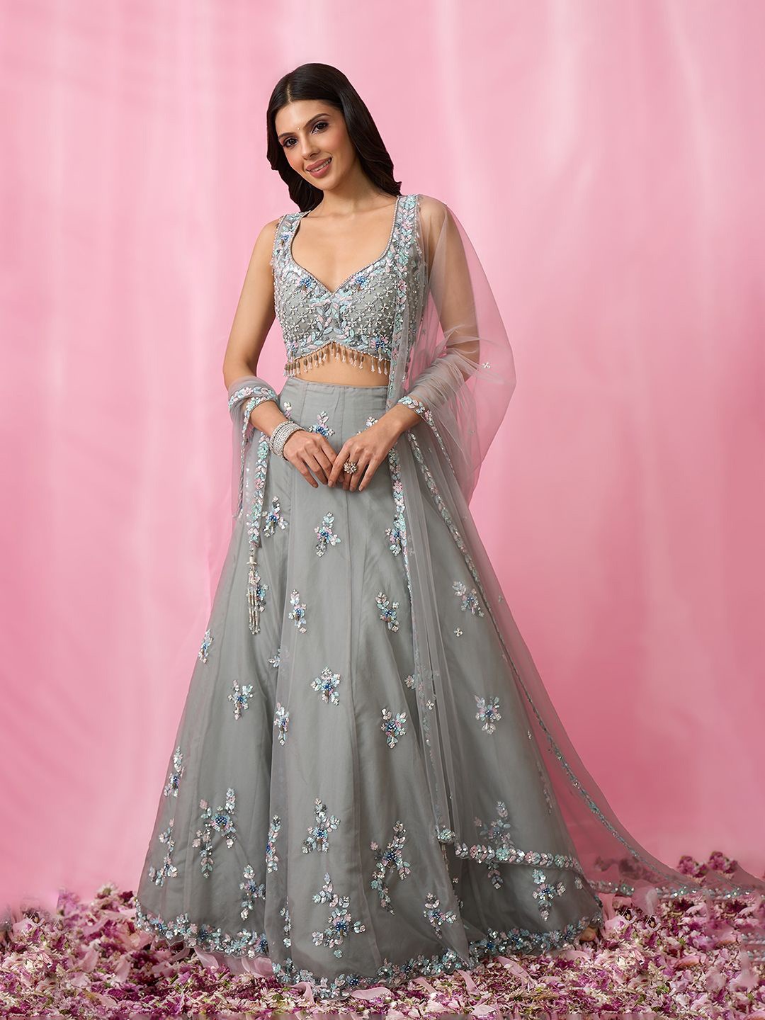 

Alaya Advani Embellished Sequinned Organza Ready to Wear Lehenga & Blouse With Dupatta, Grey