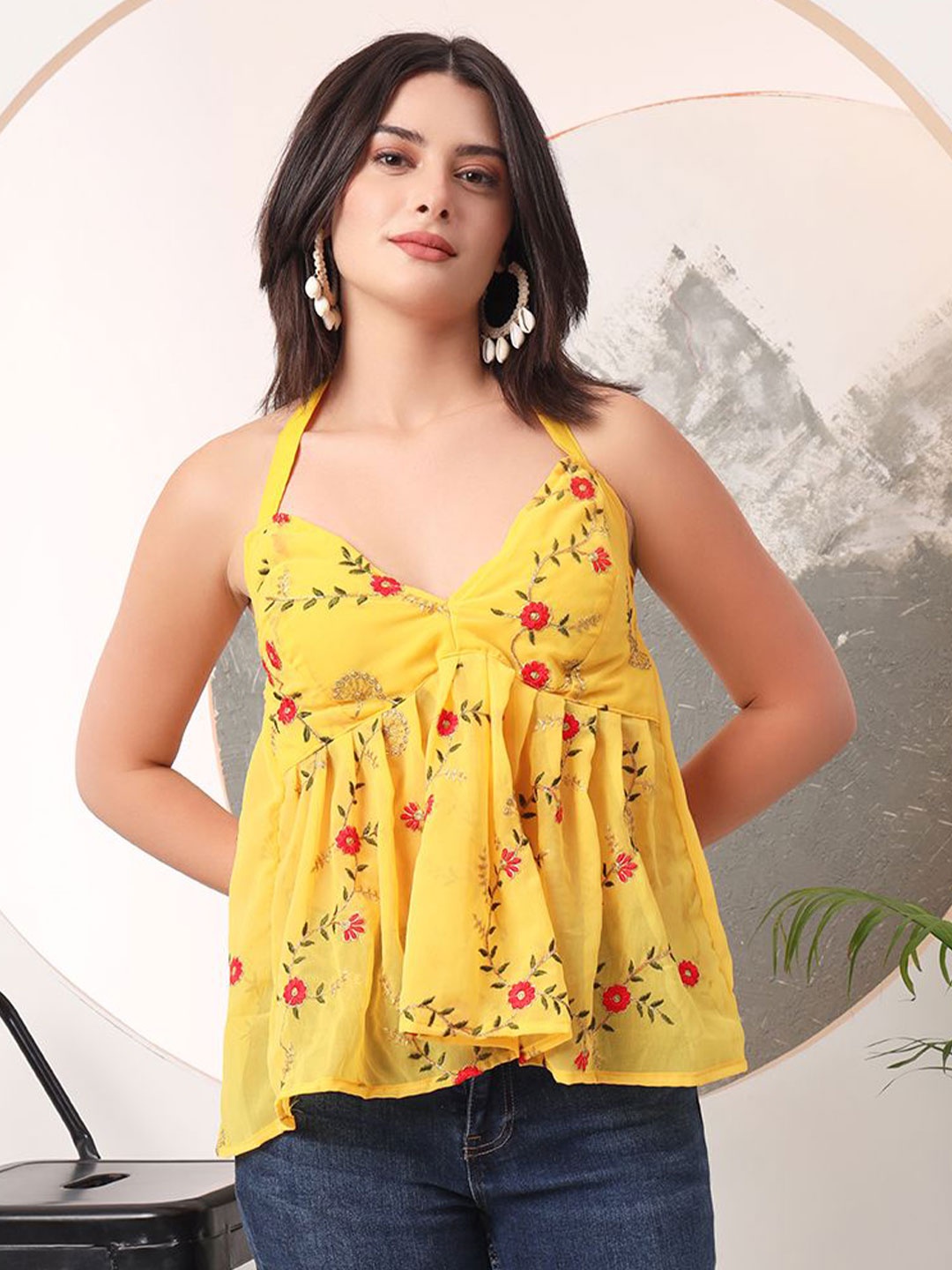 

KALINI Women Floral Embroidered Halter Neck Pure Silk Empire Top, Yellow