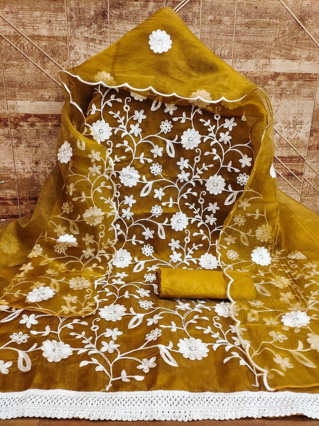 

A TO Z CART Floral Embroidered Organza Unstitched Dress Material, Mustard