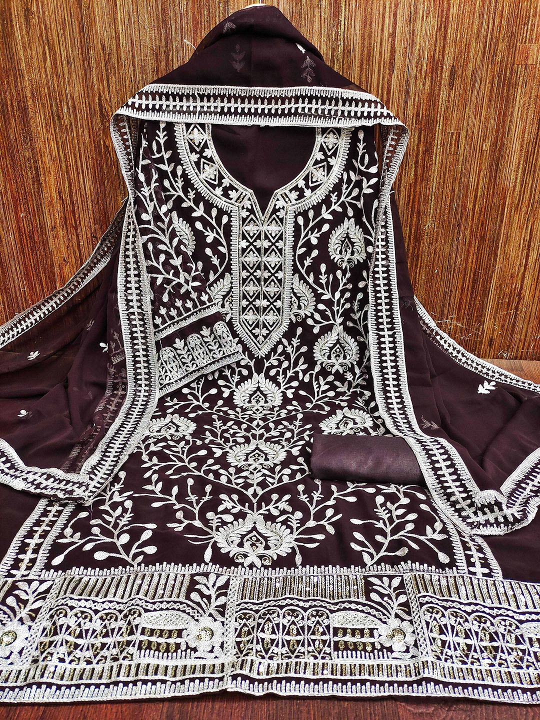 

KALINI Ethnic Motifs Embroidered Sequinned Silk Georgette Unstitched Dress Material, Brown