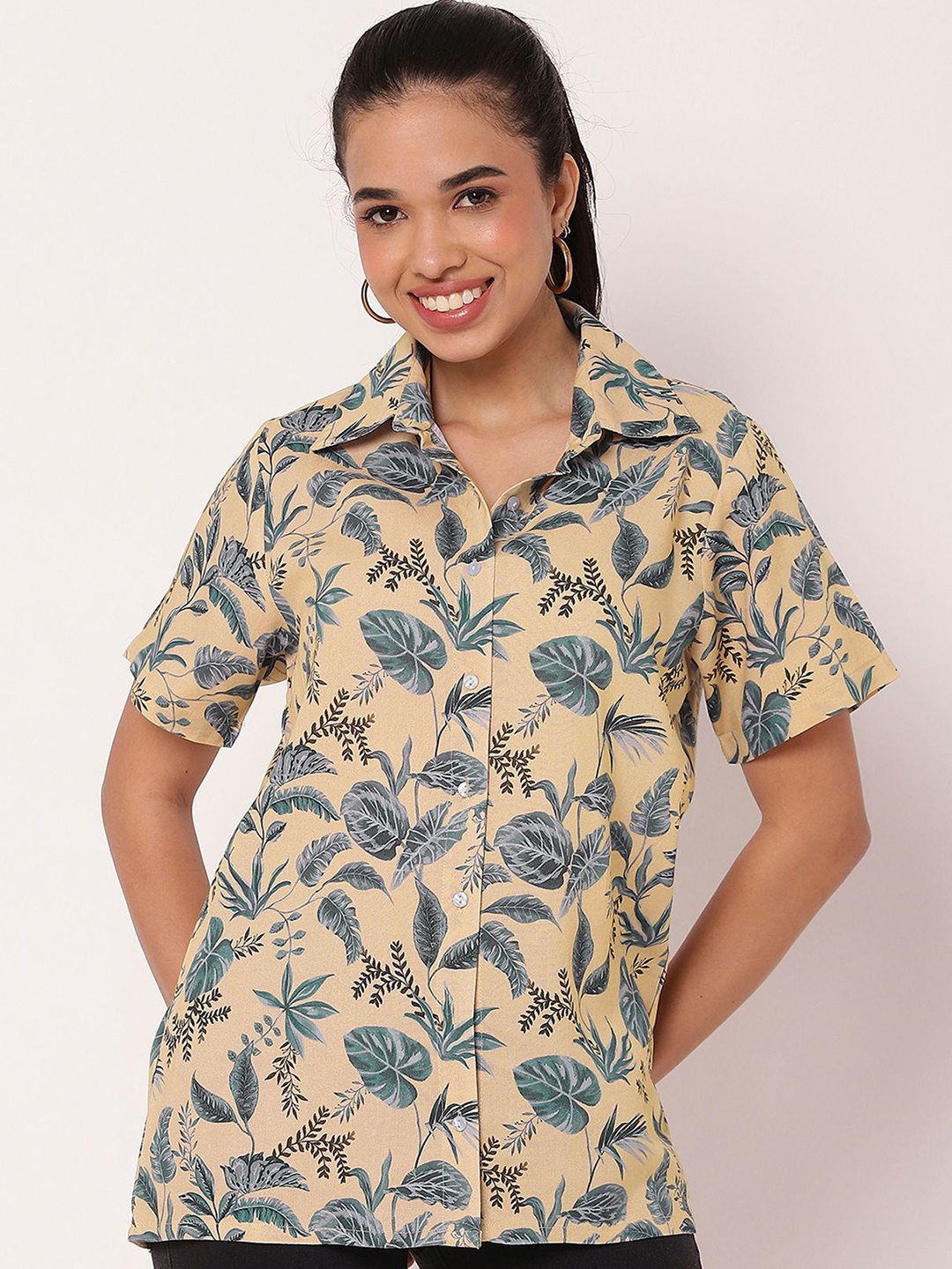 

Moomaya Women Cutaway Collar Floral Printed Casual Shirt, Beige