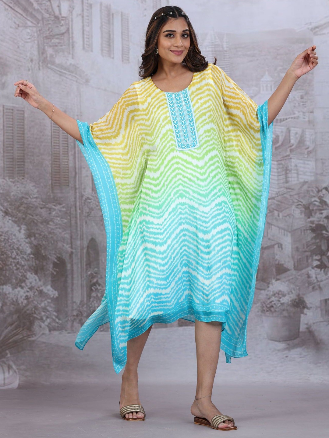 

FREYAA Women Printed Kimono Sleeve Kaftan Midi Dress, Blue