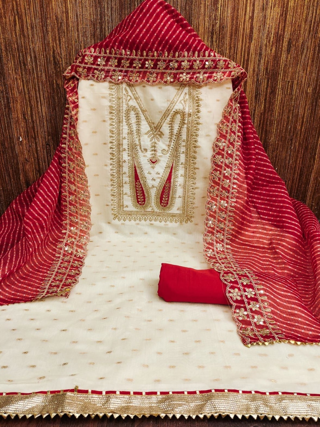

KALINI Ethnic Motifs Woven Design Thread Work Chanderi Silk Unstitched Dress Material, White
