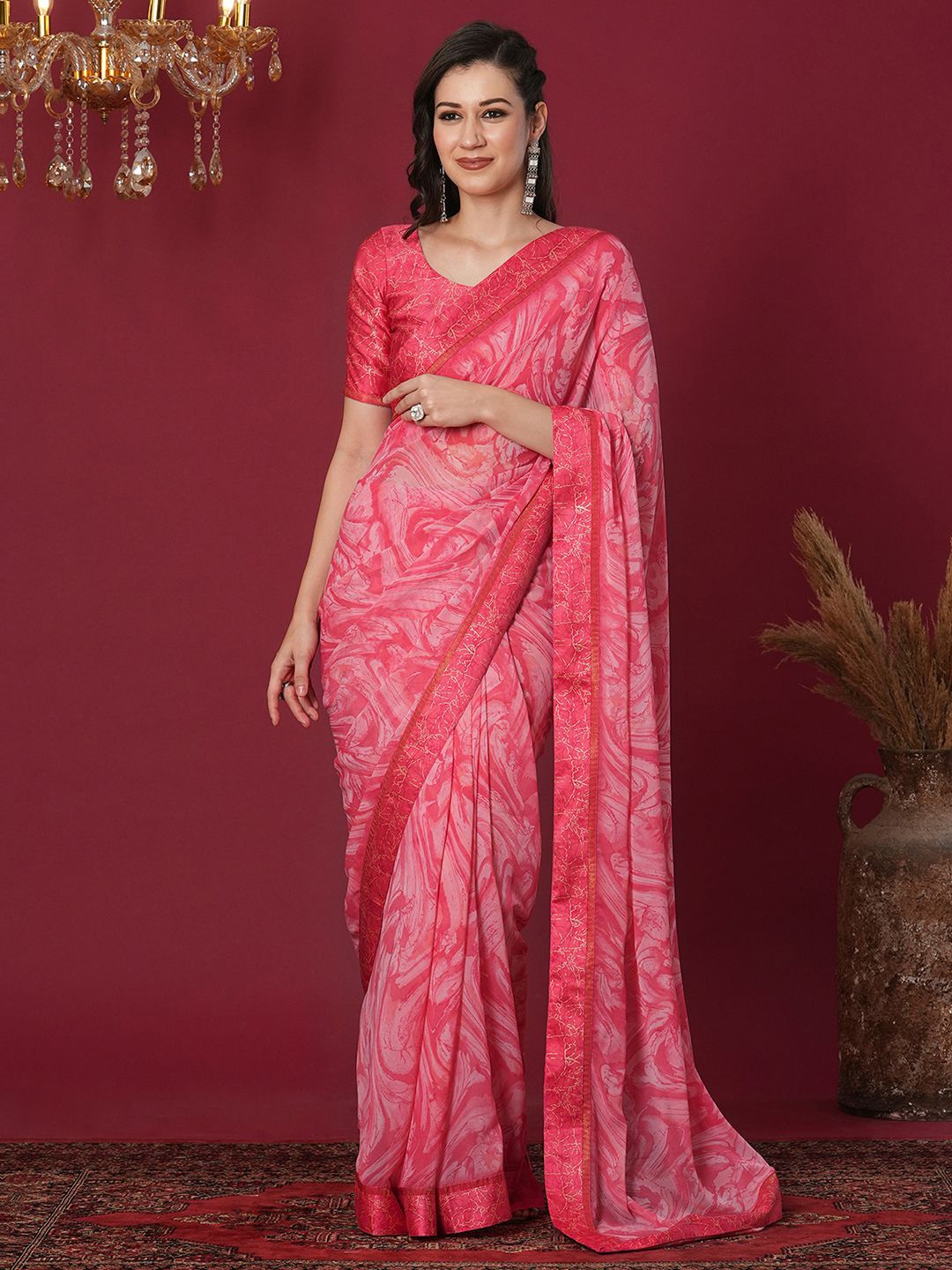 

Mitera Abstract Printed Pure Georgette Saree, Pink