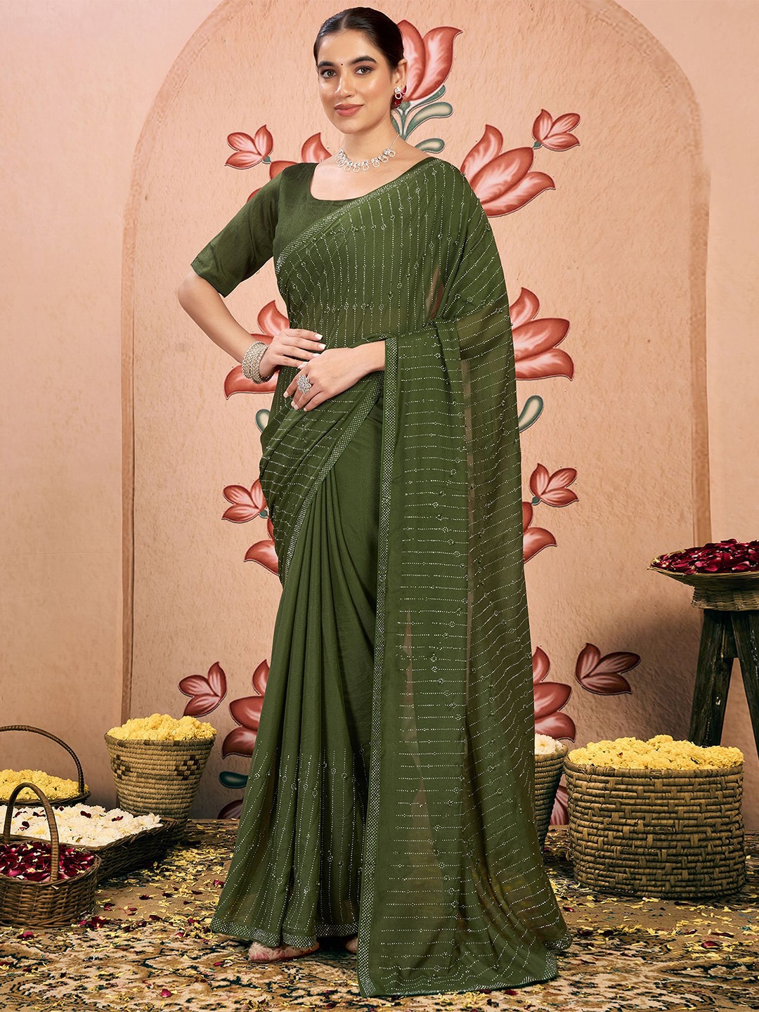 

Mitera Embellished Beads and Stones Pure Georgette Saree, Green