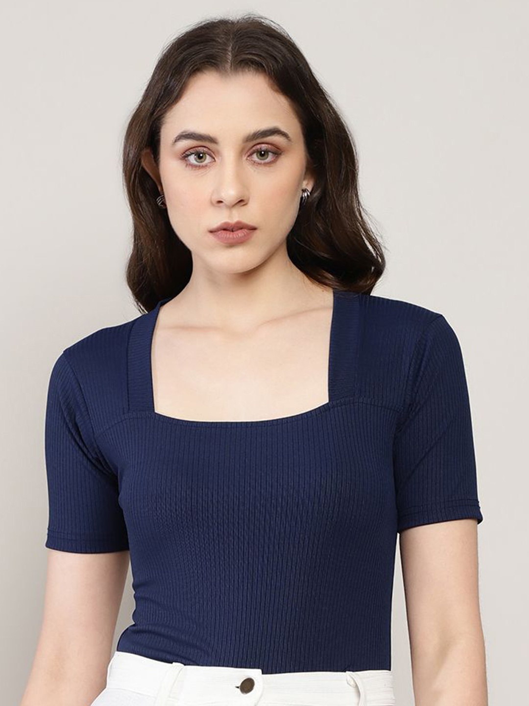 

AVANOVA Women Ribbed Sheen Sheer Top, Navy blue