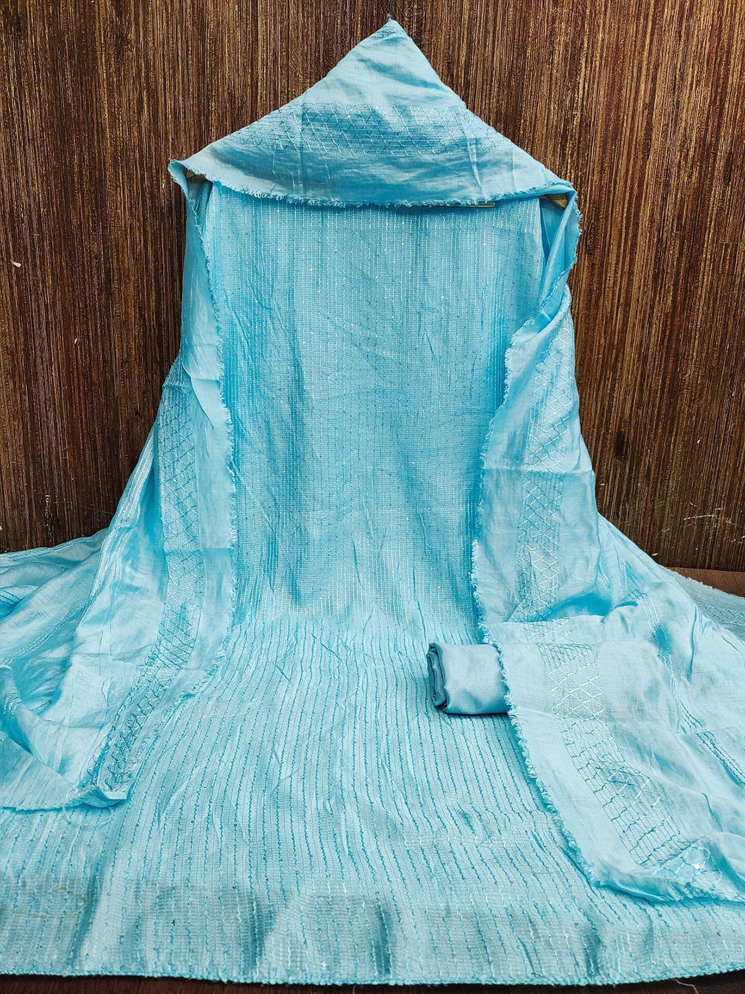 

A TO Z CART Striped Embroidered Sequinned Unstitched Dress Material, Turquoise blue