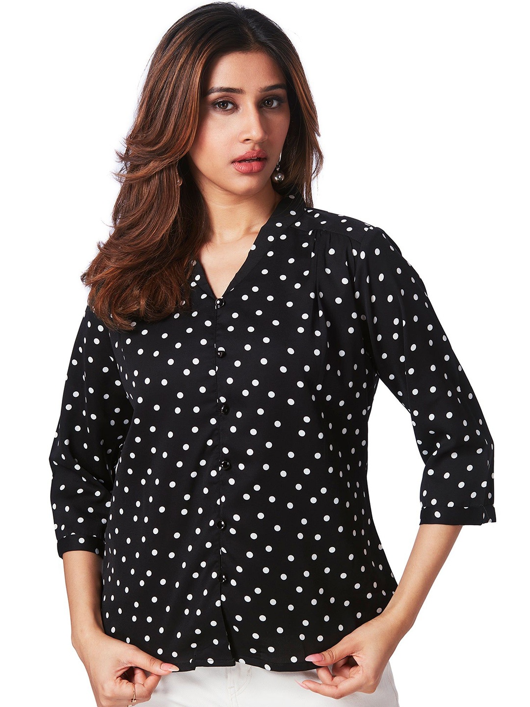 

FREYAA Women Polka Dot Printed Shirt Style Top, Black