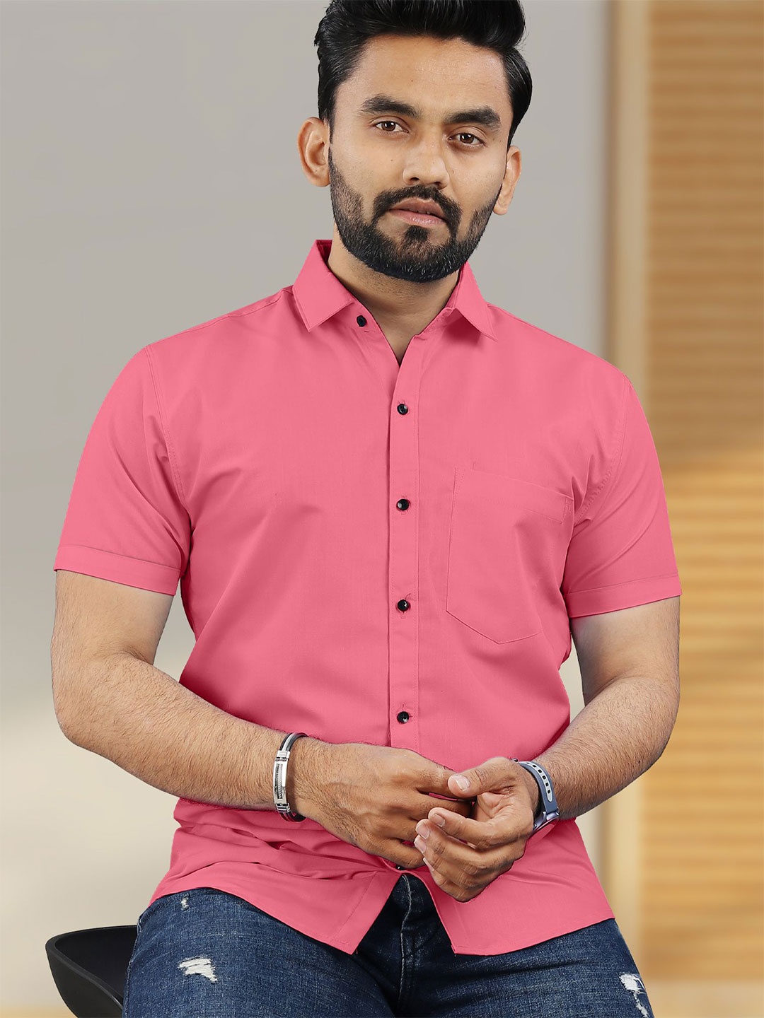 

VeBNoR Men Standard Spread Collar Casual Shirt, Pink