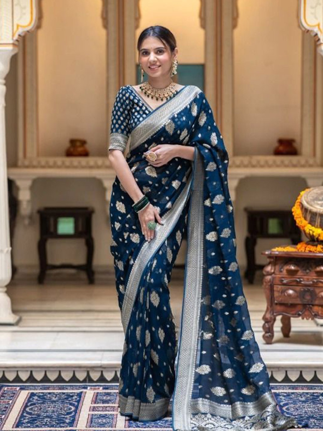 

Upalksh Woven Design Zari Pure Silk Tussar Saree, Blue