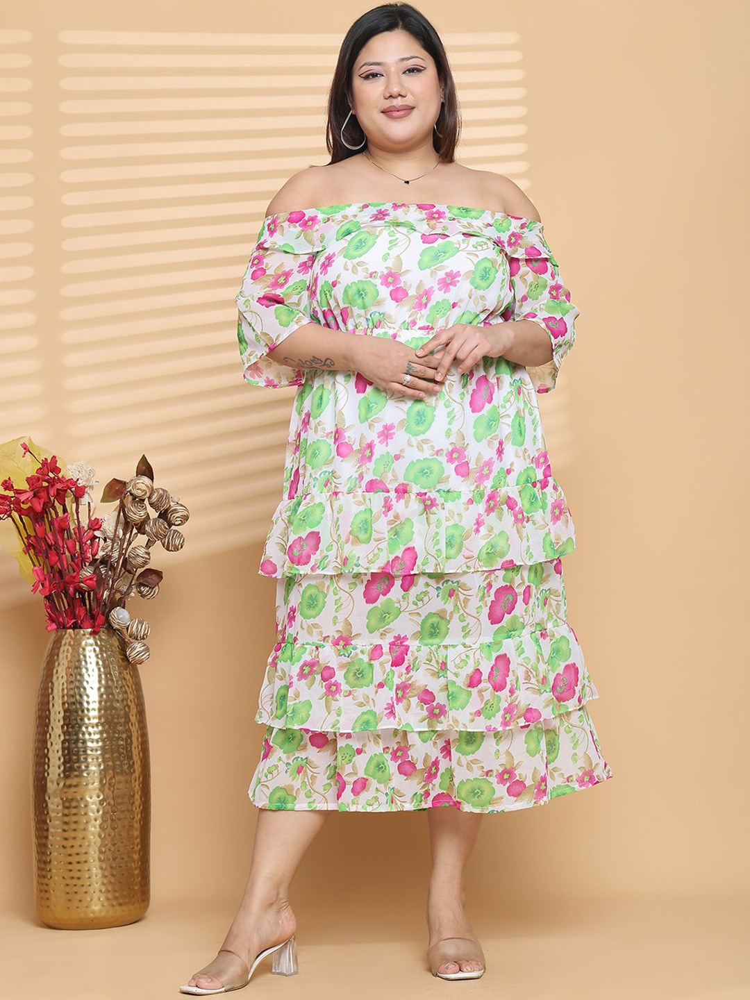 

theRebelinme Plus Size Floral Printed Off-Shoulder Layered Georgette A-Line Midi Dress, White