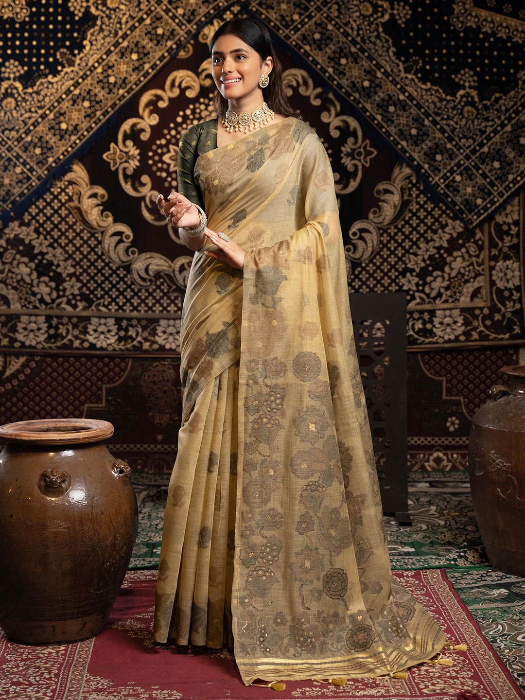 

MAHALASA Ethnic Motifs Pure Cotton Handloom Jamdani Saree, Beige