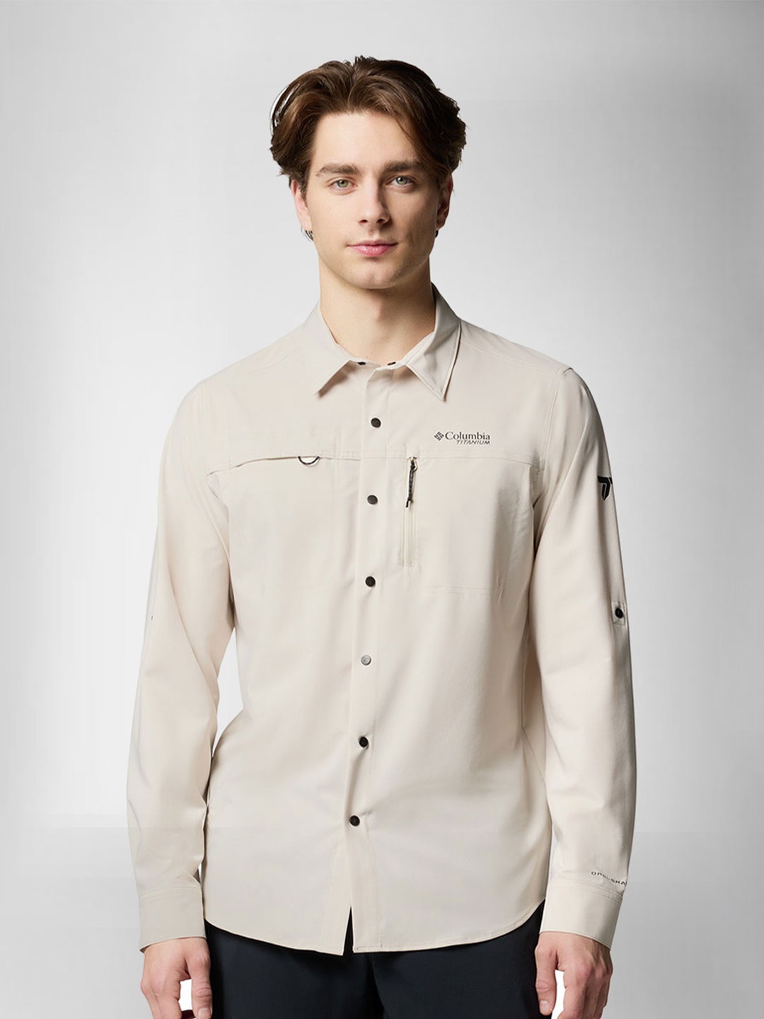 

Columbia Men Classic Slim Fit Spread Collar Solid Casual Shirt, Beige