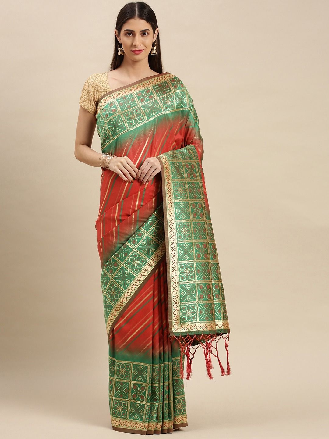 

flaher Woven Design Striped Banarasi Saree, Red