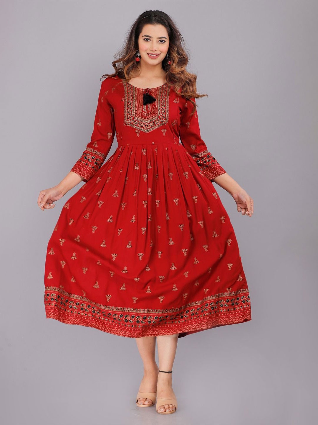 

Vorcia Febtex Printed Midi-Length Ethnic Dresses, Maroon