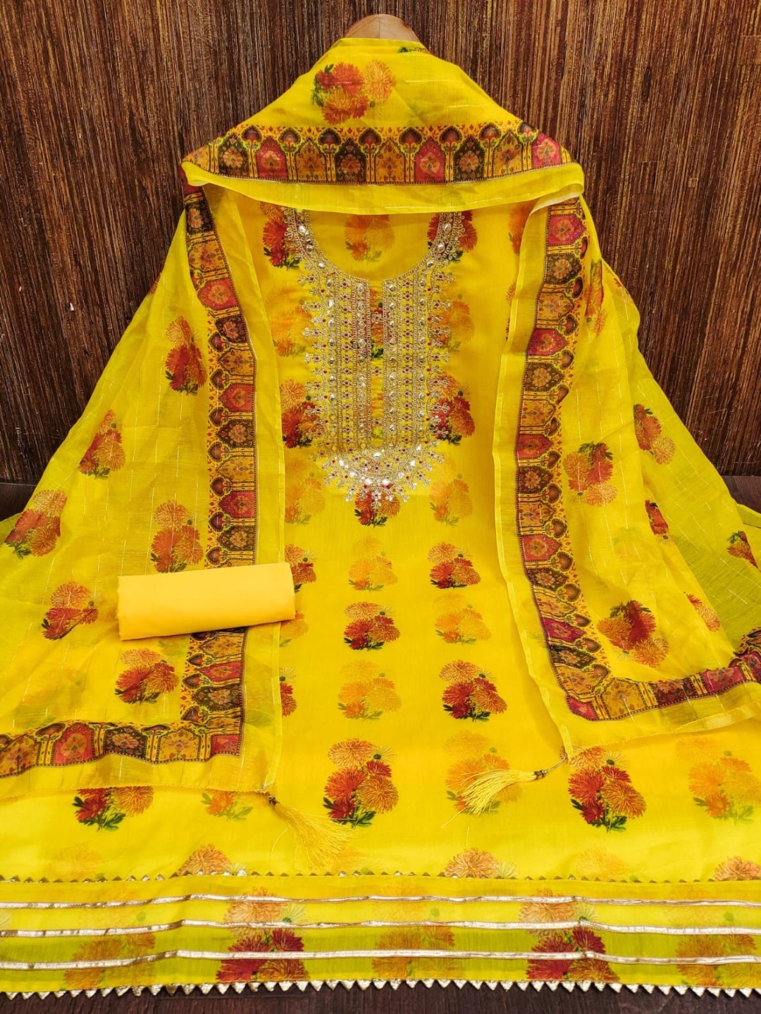 

KALINI Printed Silk Georgette Unstitched Dress Material, Yellow