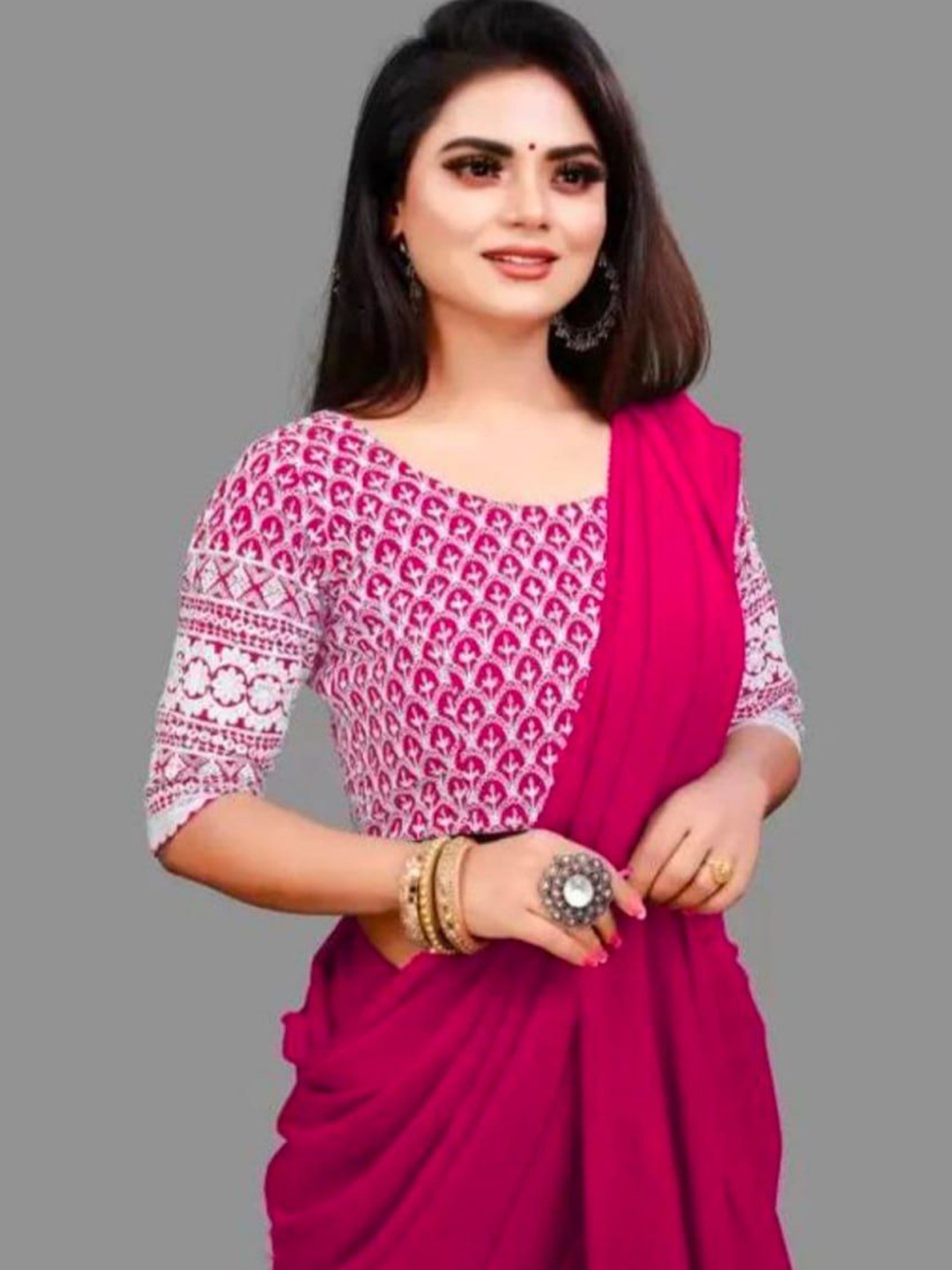 

BAESD Women Pure Georgette Maheshwari Saree, Pink