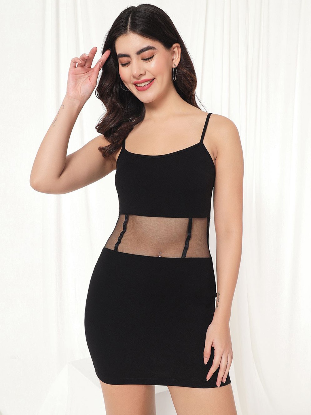

TANDUL Women Shoulder Strap Bodycon Mini Dress, Black