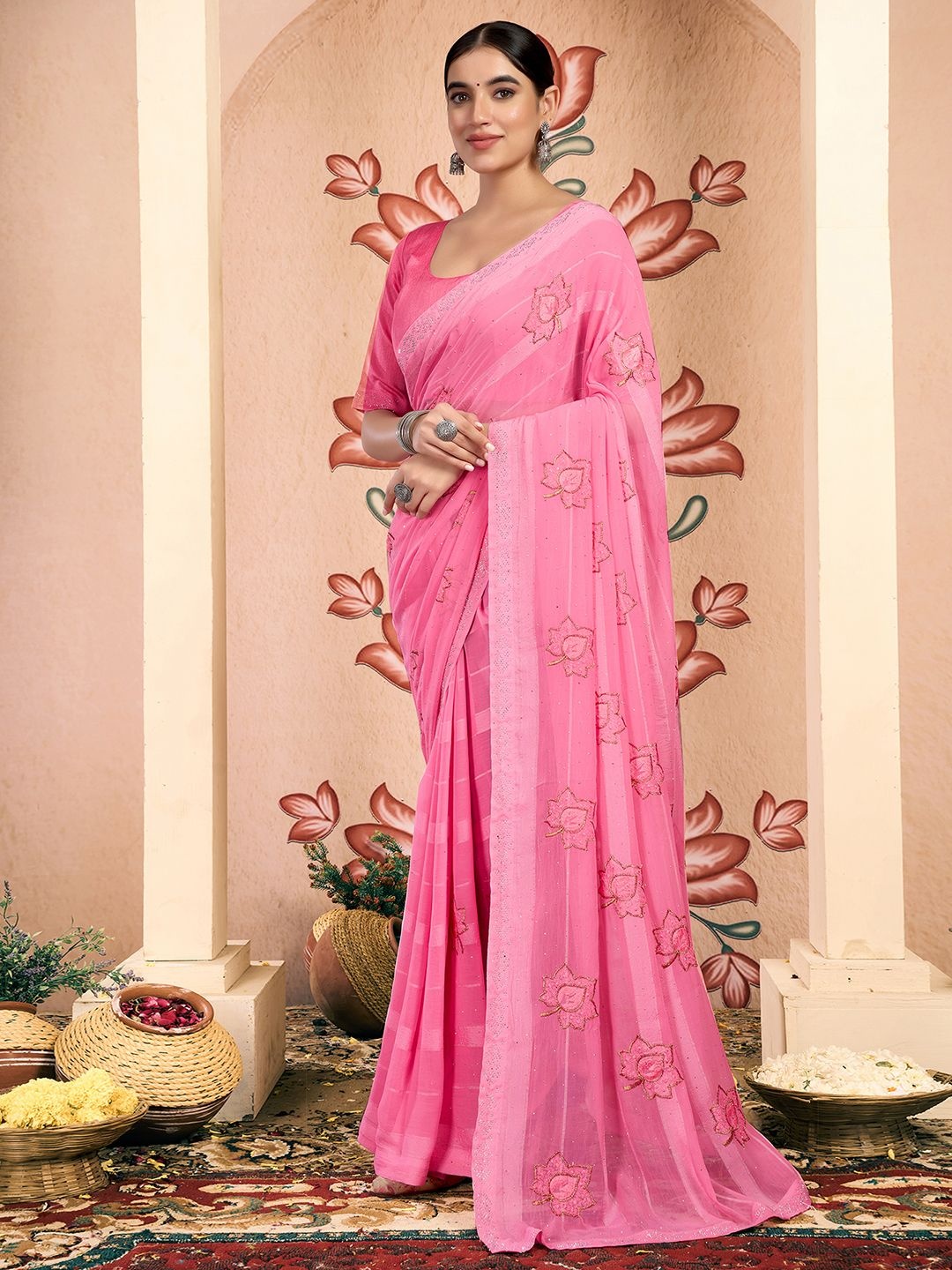 

Mitera Embellished Pure Chiffon Saree, Pink