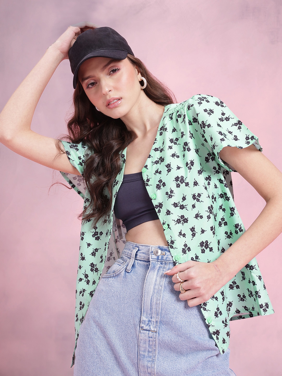 

DressBerry Floral Print Crochet Detail Flared Sleeves Shirt Style Top, Green
